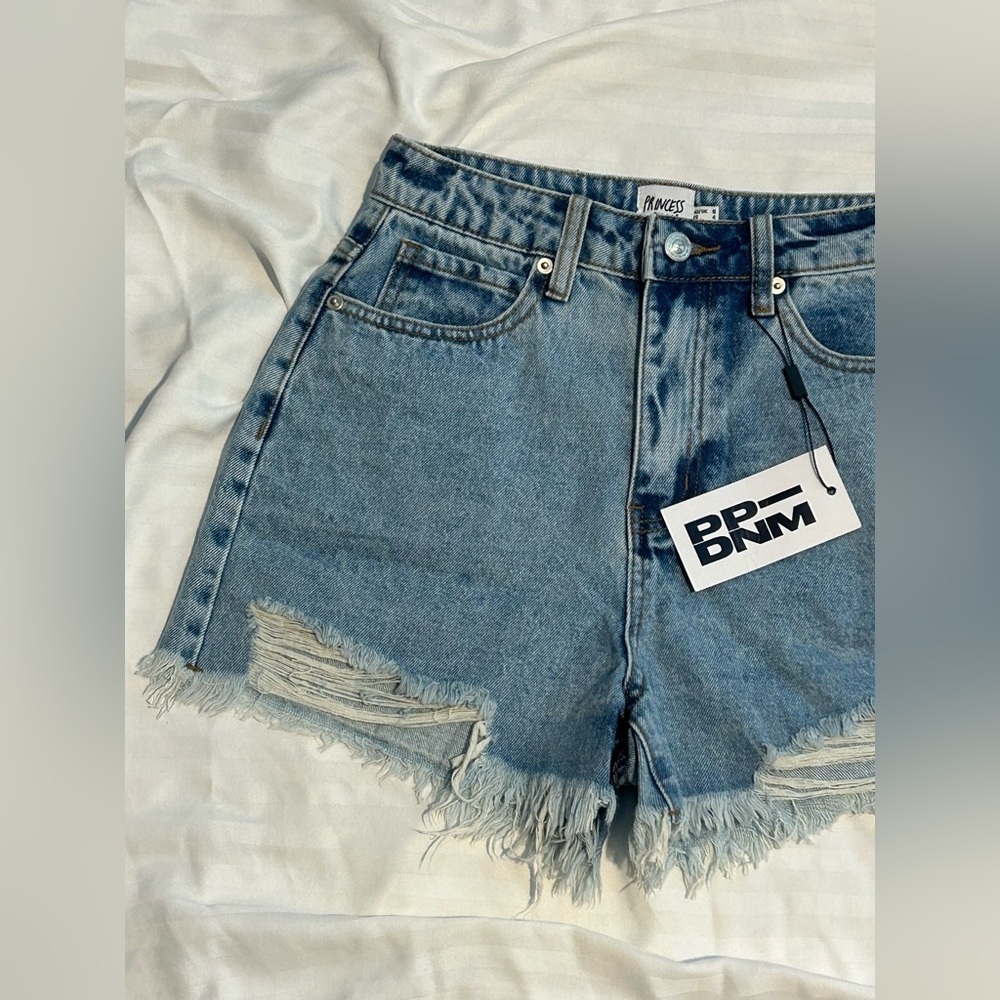 Princess Polly Light Blue High-Waist Distressed Denim Jean Shorts - Picture 4 of 8